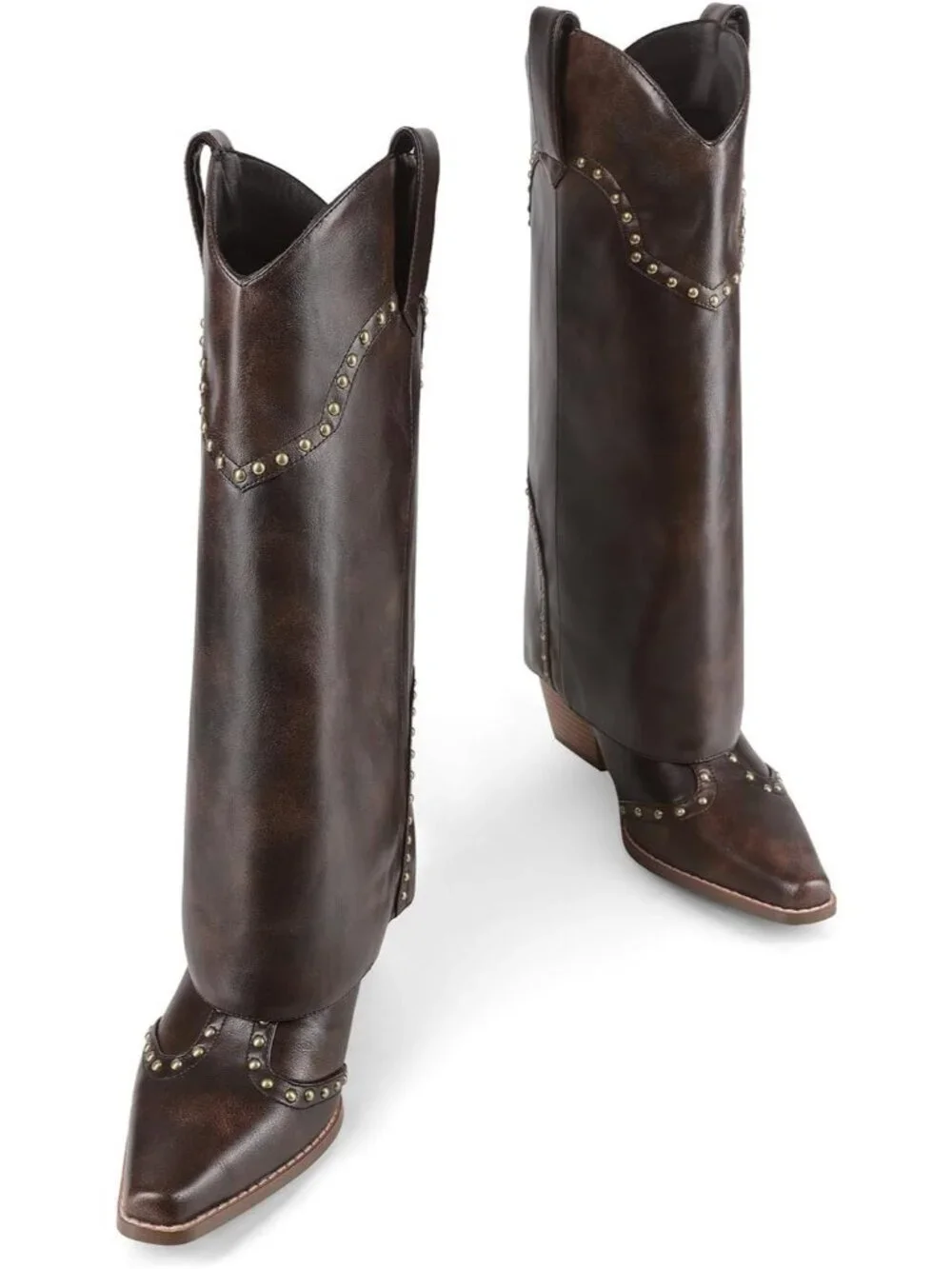 Women's Dark Brown Faux Leather Over Boot Knee High Chunky Heel Cowgirl Boot